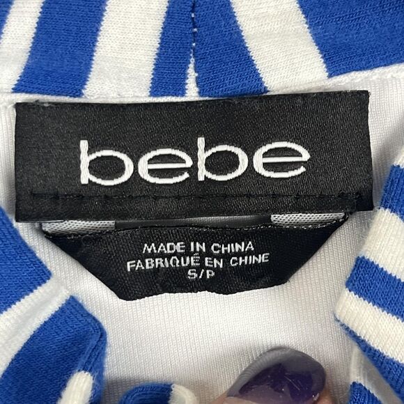 bebe Dress Womens Small Nautical Blue White Striped Mock Neck Bodycon Midi Knit - Picture 3 of 9